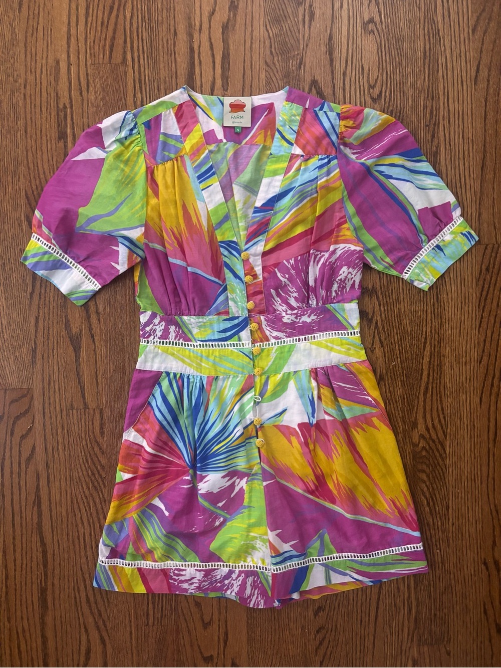 FARM Rio Multicolor Tropical Mini romper shorts small in Magenta, Yellow & Green